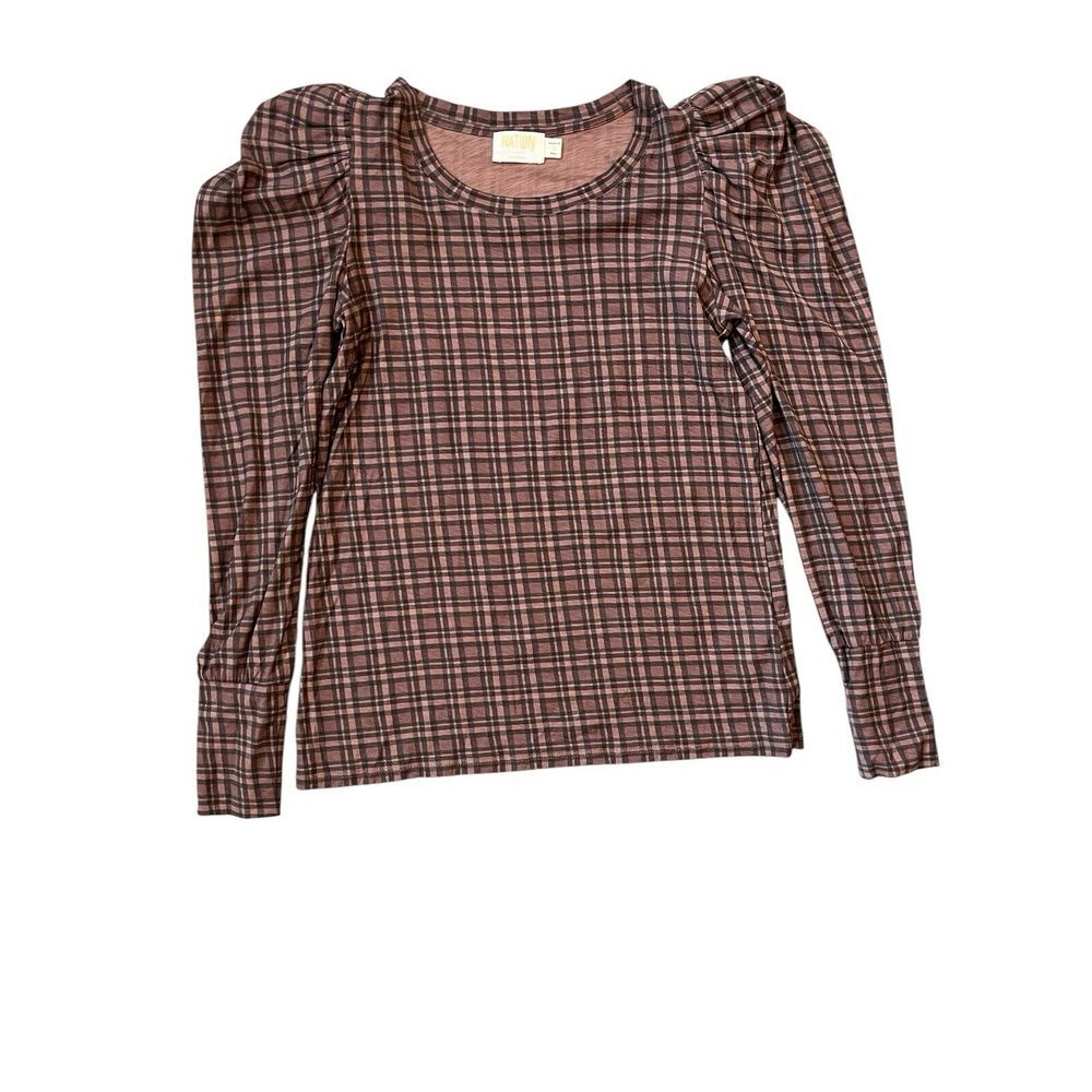 Nation LTD Romy Puff Shoulder Pullover Top in tartan plaid, Size S